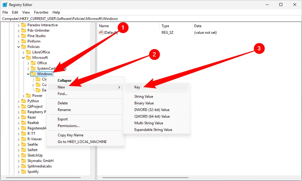 Tạo một Khóa (Key) mới trong Registry Editor
