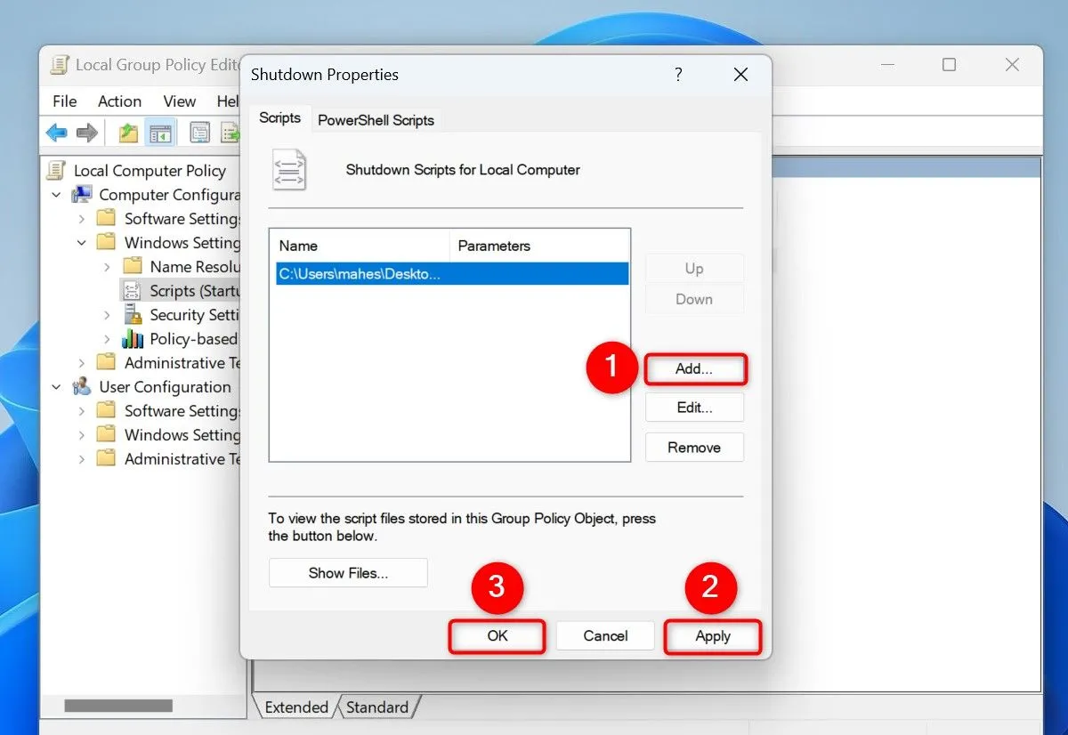 Thêm script xóa file tạm vào mục Shutdown trong Group Policy Editor để chạy khi tắt máy tính