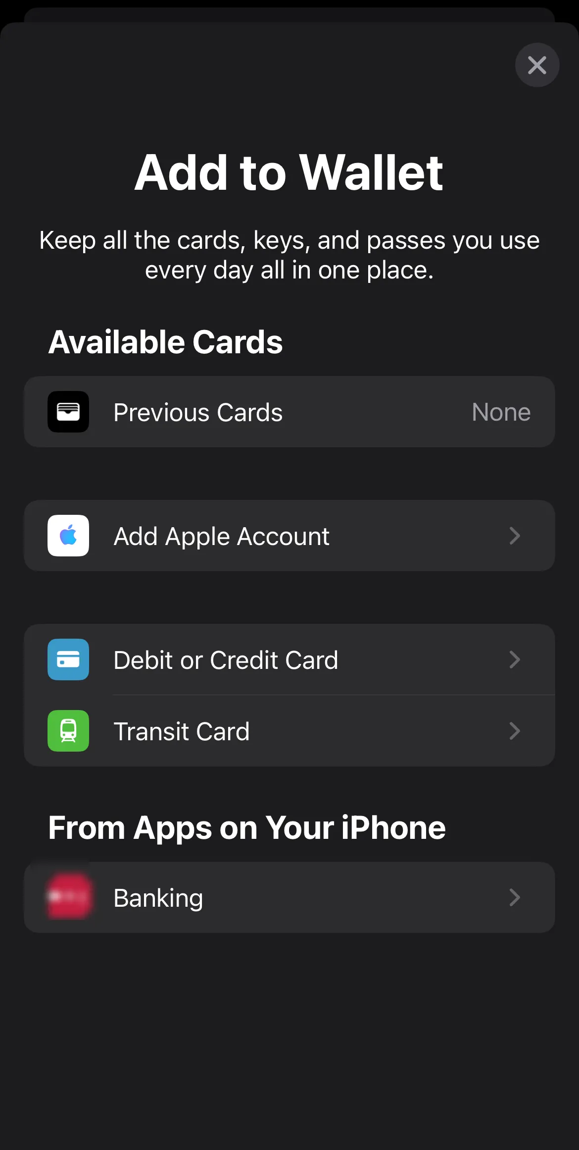 Thêm thẻ vào Apple Wallet bằng cách nhấn nút cộng