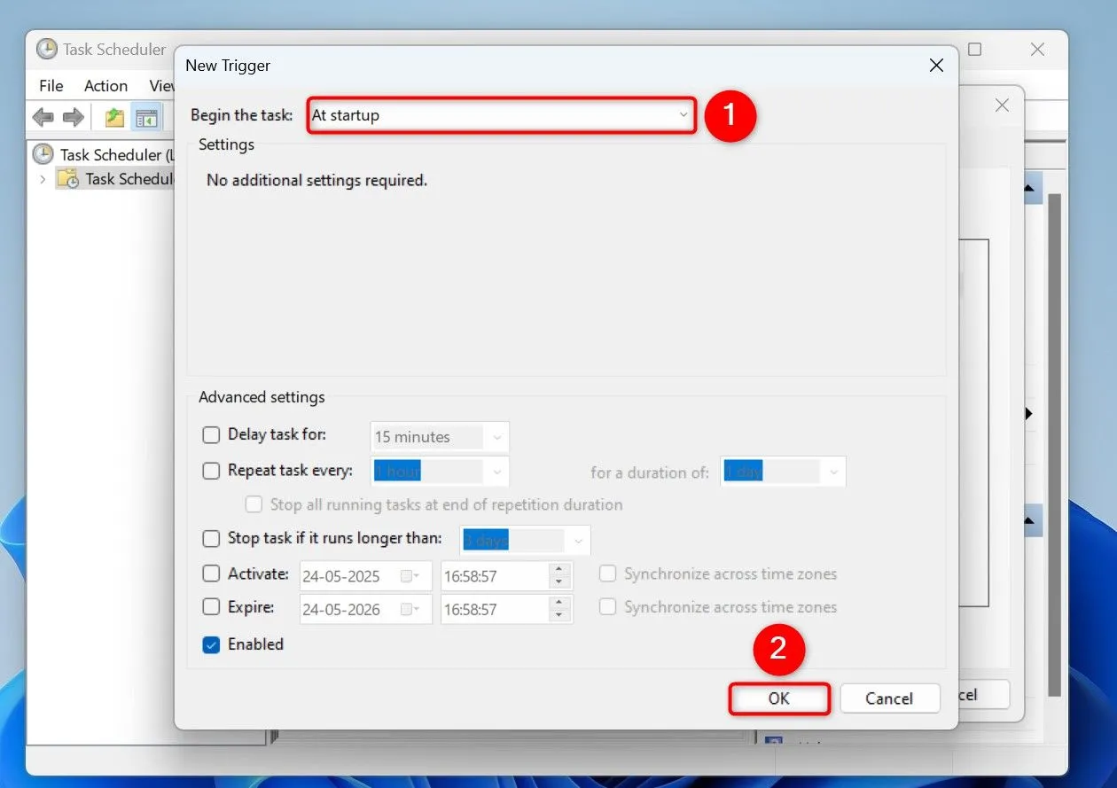 Thêm trigger &quot;Khi khởi động&quot; (At Startup) trong thuộc tính tác vụ để chạy script xóa file tạm khi mở máy