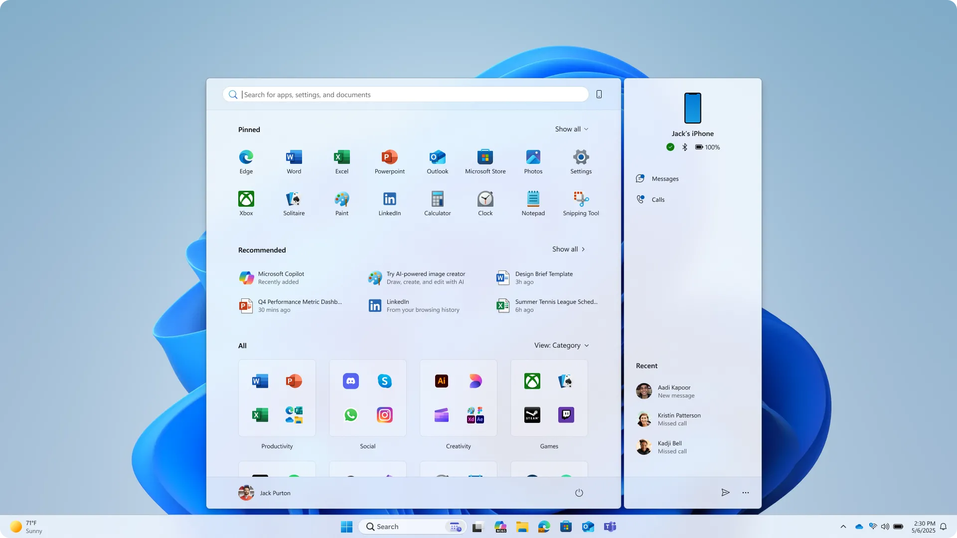 Thiết kế Start Menu Windows 11 mới với các mục được phân loại