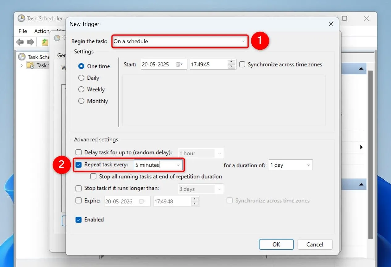 Thiết lập lịch chạy lặp lại cho tác vụ kiểm tra pin trong Task Scheduler Windows 11