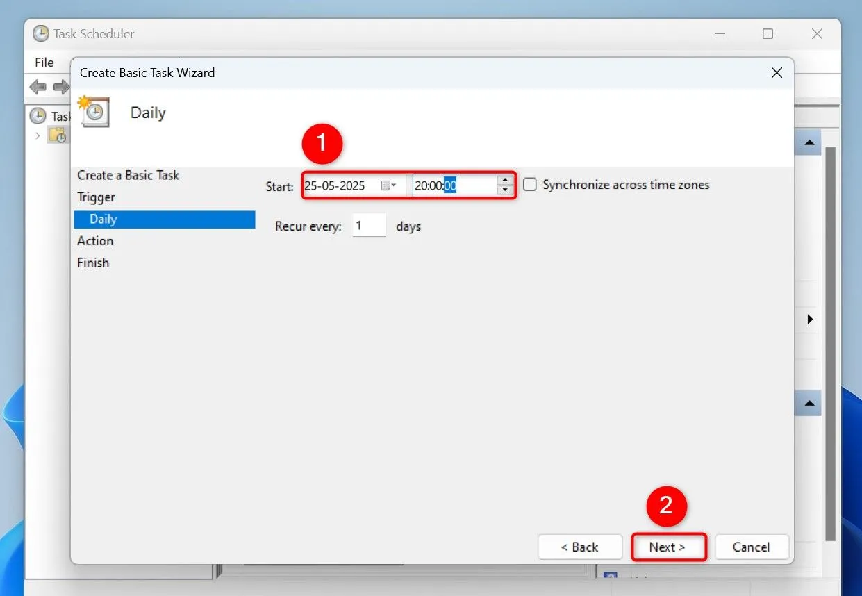 Thiết lập ngày và giờ bắt đầu chạy tác vụ tự động xóa file tạm trên Windows 11