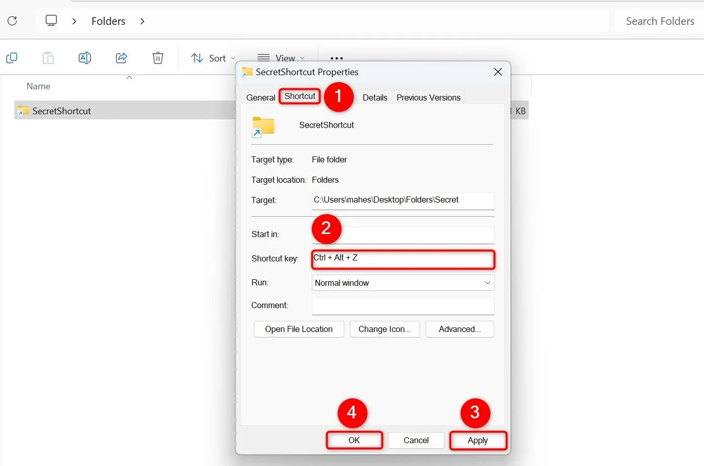 Thiết lập phím tắt bàn phím (Shortcut key) để mở lối tắt (shortcut) thư mục trên Windows 11