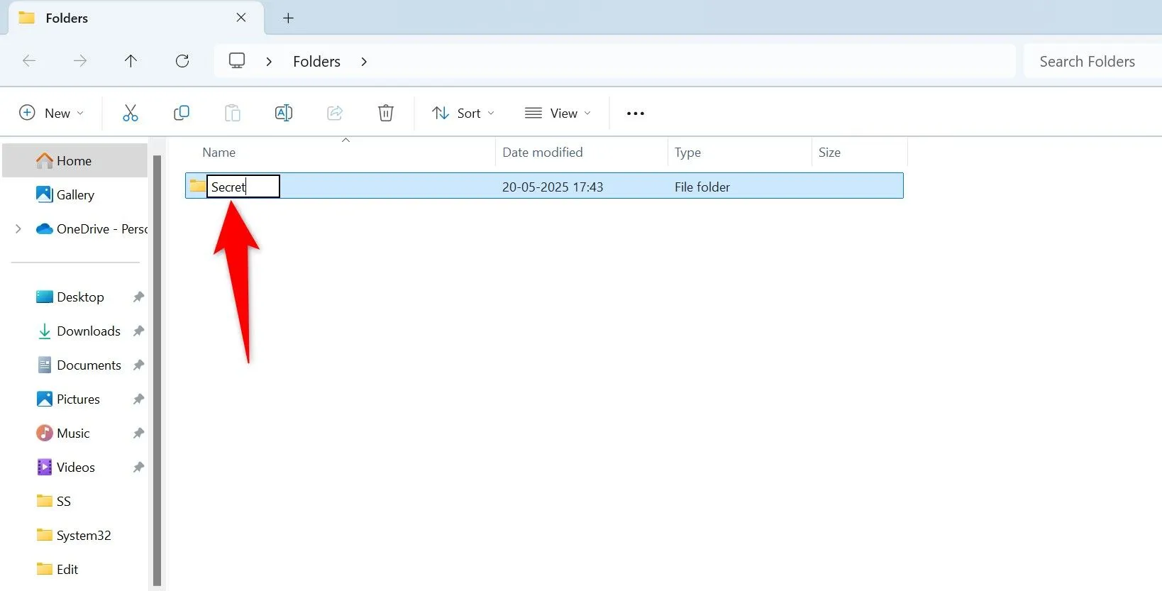 Thư mục mới được tạo và tô sáng trong cửa sổ File Explorer trên Windows 11