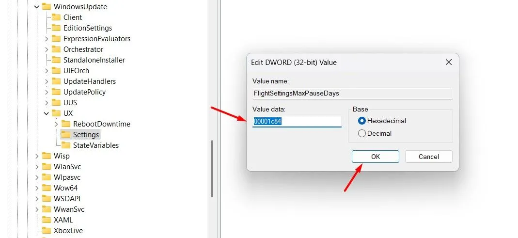 Trường Dữ liệu giá trị trong Registry Editor với giá trị 00001c84 để tạm dừng cập nhật