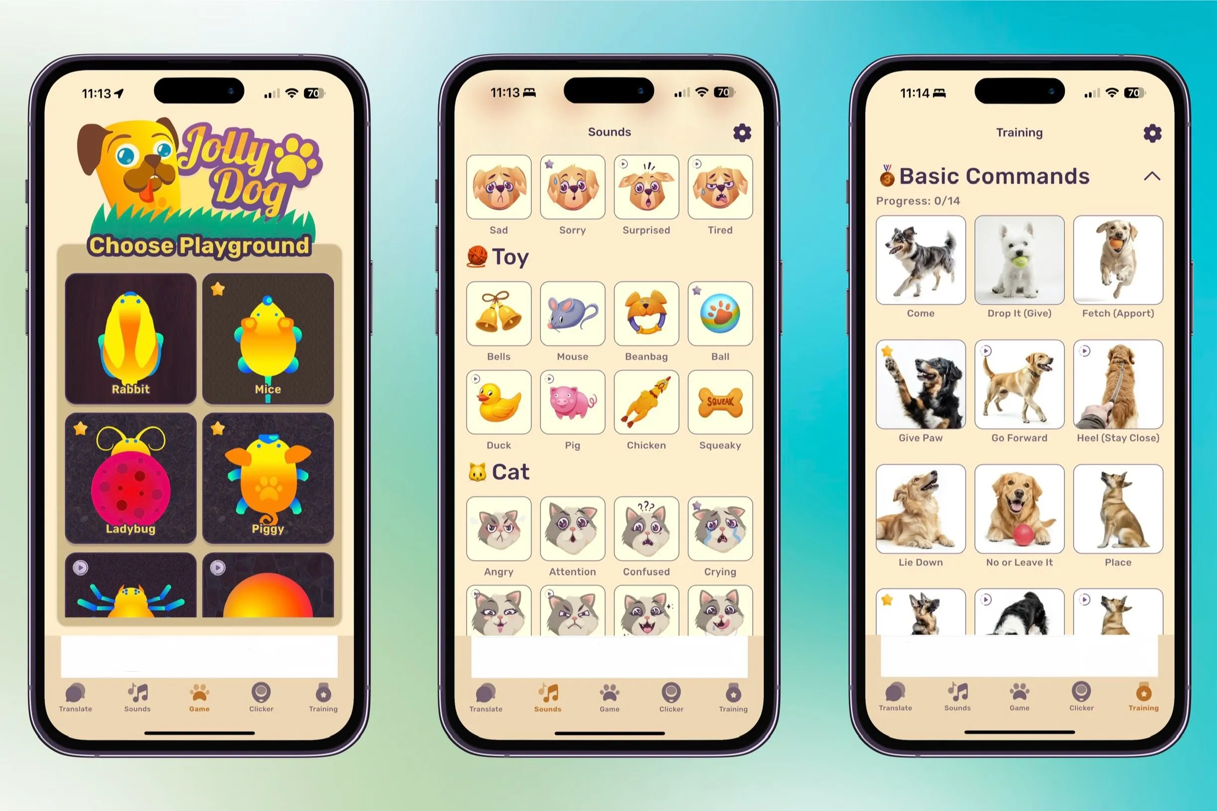 Ứng dụng Jolly Dog hiển thị các tính năng âm thanh, clicker và game trên nhiều iPhone