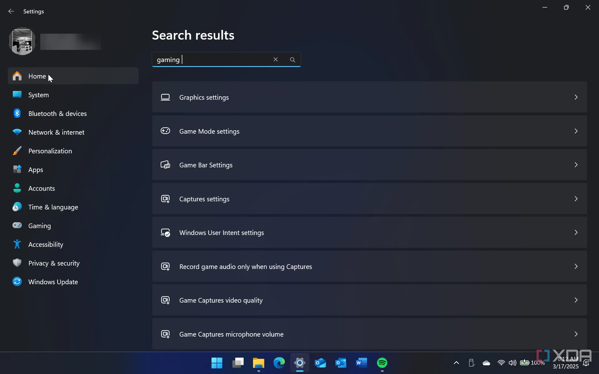 Ảnh chụp màn hình cài đặt ghi hình trong game truy cập qua tìm kiếm trên Windows 11.