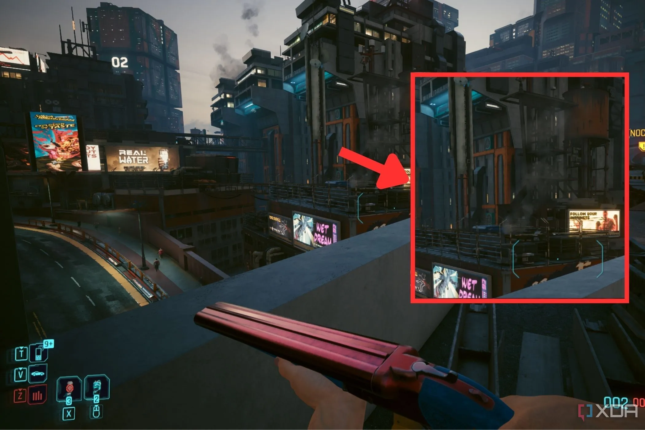 Ảnh chụp màn hình game Cyberpunk 2077 hiển thị chất lượng hình ảnh với công nghệ DLSS Frame Generation được bật
