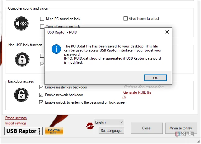 Ảnh chụp màn hình hiển thị quy trình tạo tập tin RUID trong USB Raptor, cung cấp quyền truy cập dự phòng an toàn.