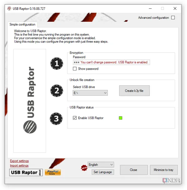 Ảnh chụp màn hình quá trình cài đặt ban đầu đơn giản của USB Raptor, giúp người dùng dễ dàng thiết lập khóa bảo mật USB.