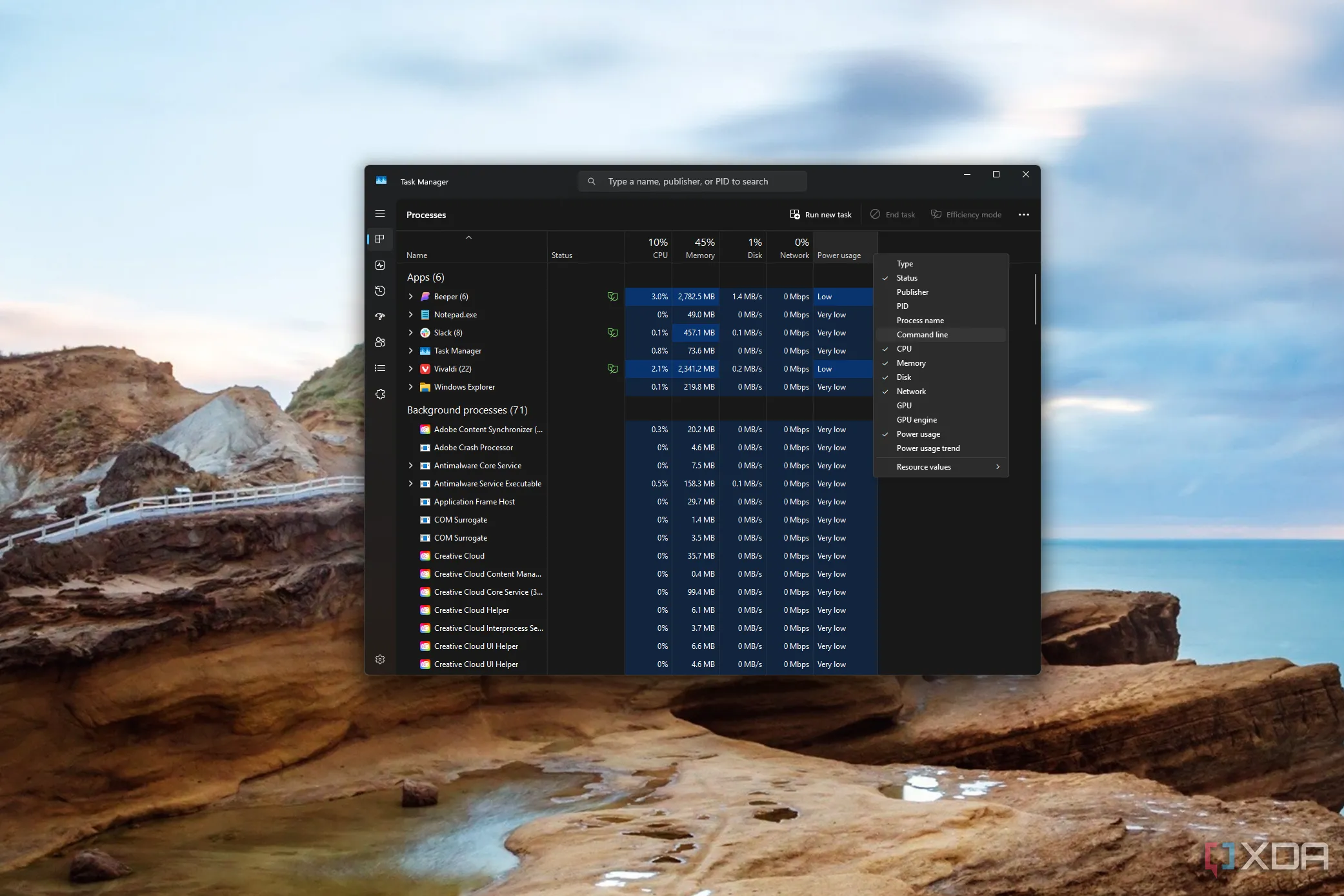 Ảnh chụp màn hình Task Manager của Windows với menu ngữ cảnh hiển thị các tùy chọn cột bổ sung trong tab Processes.
