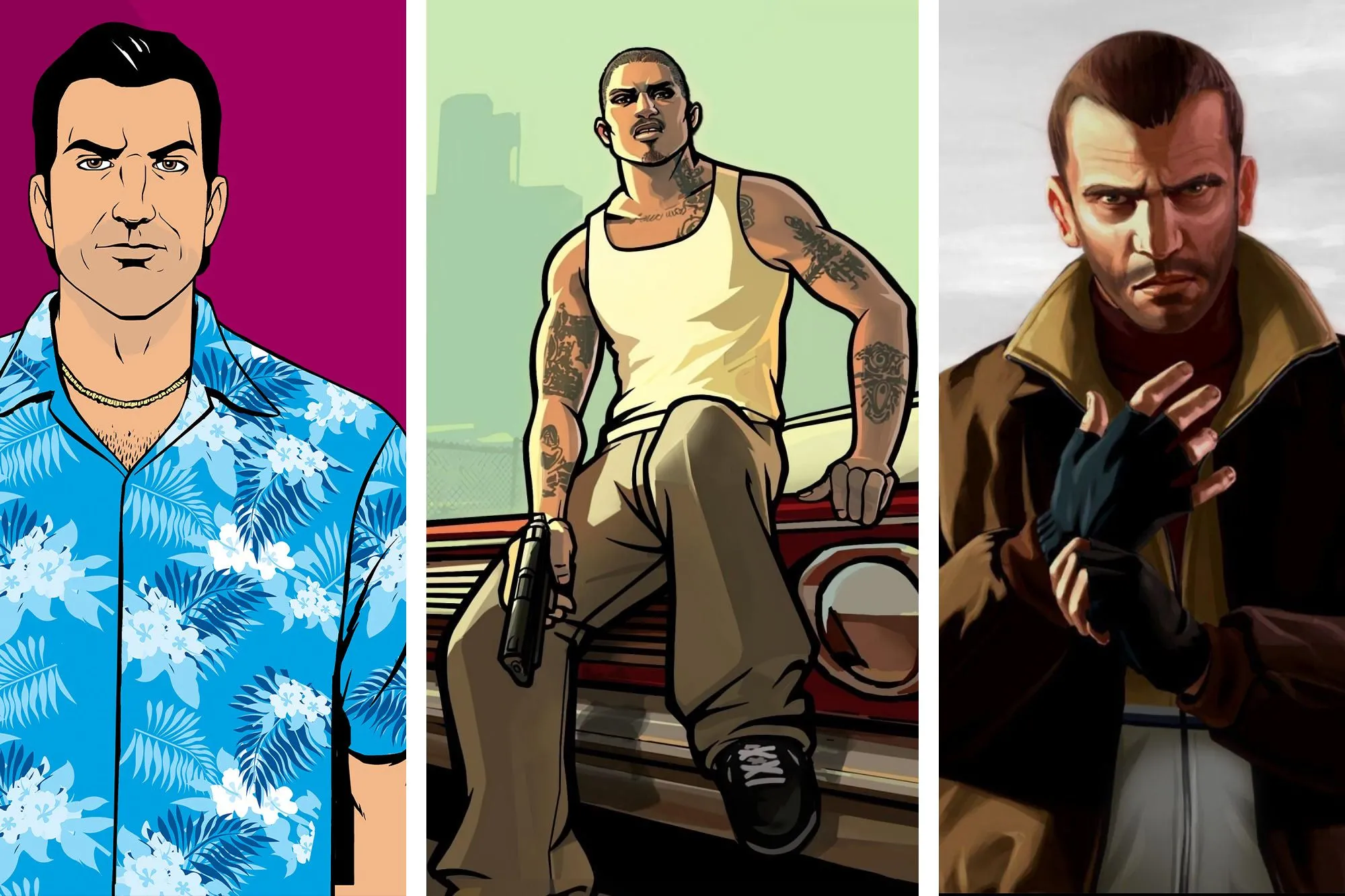 Ảnh ghép minh họa các nhân vật biểu tượng từ các phiên bản Grand Theft Auto trước đây như Tommy Vercitti, Cesar Vialpando và Niko Bellic, phản ánh lịch sử phát triển của series.