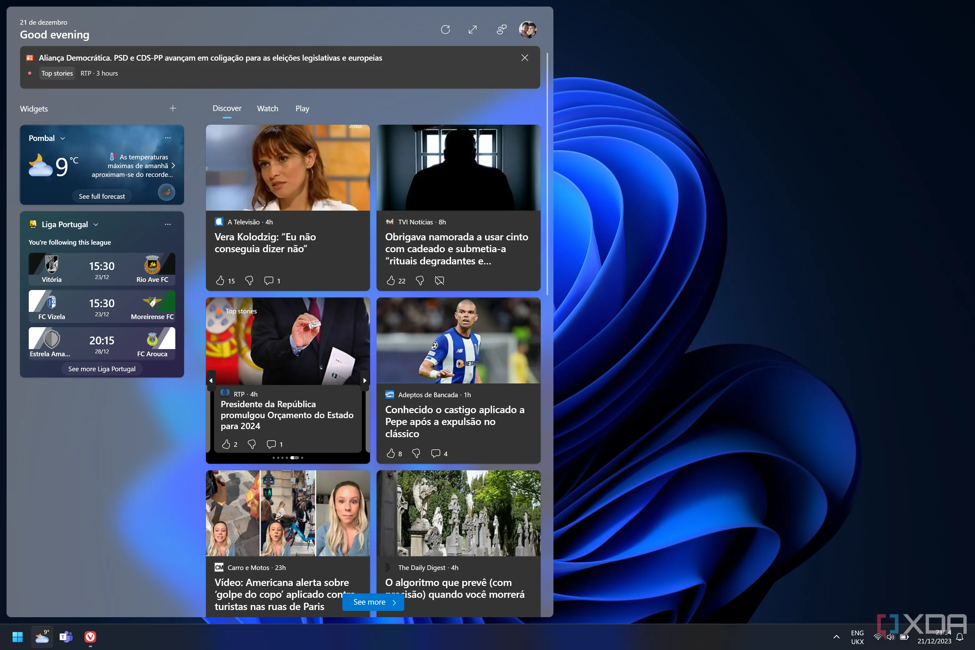 Bảng Widget trên Windows 11 mở với các tin tức