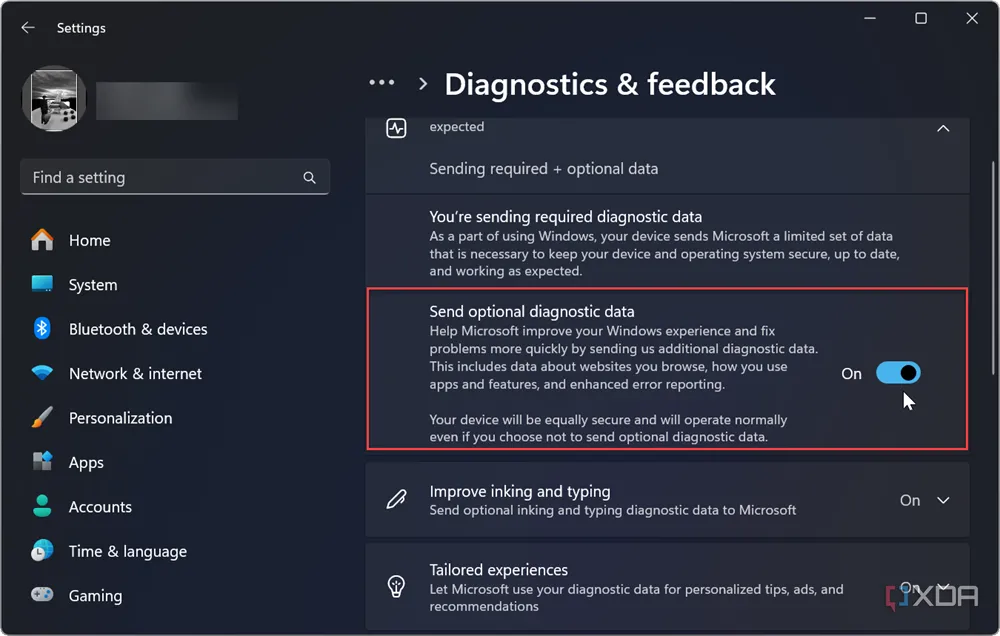 Bật cài đặt dữ liệu chẩn đoán (telemetry) trong Cài đặt Windows 11