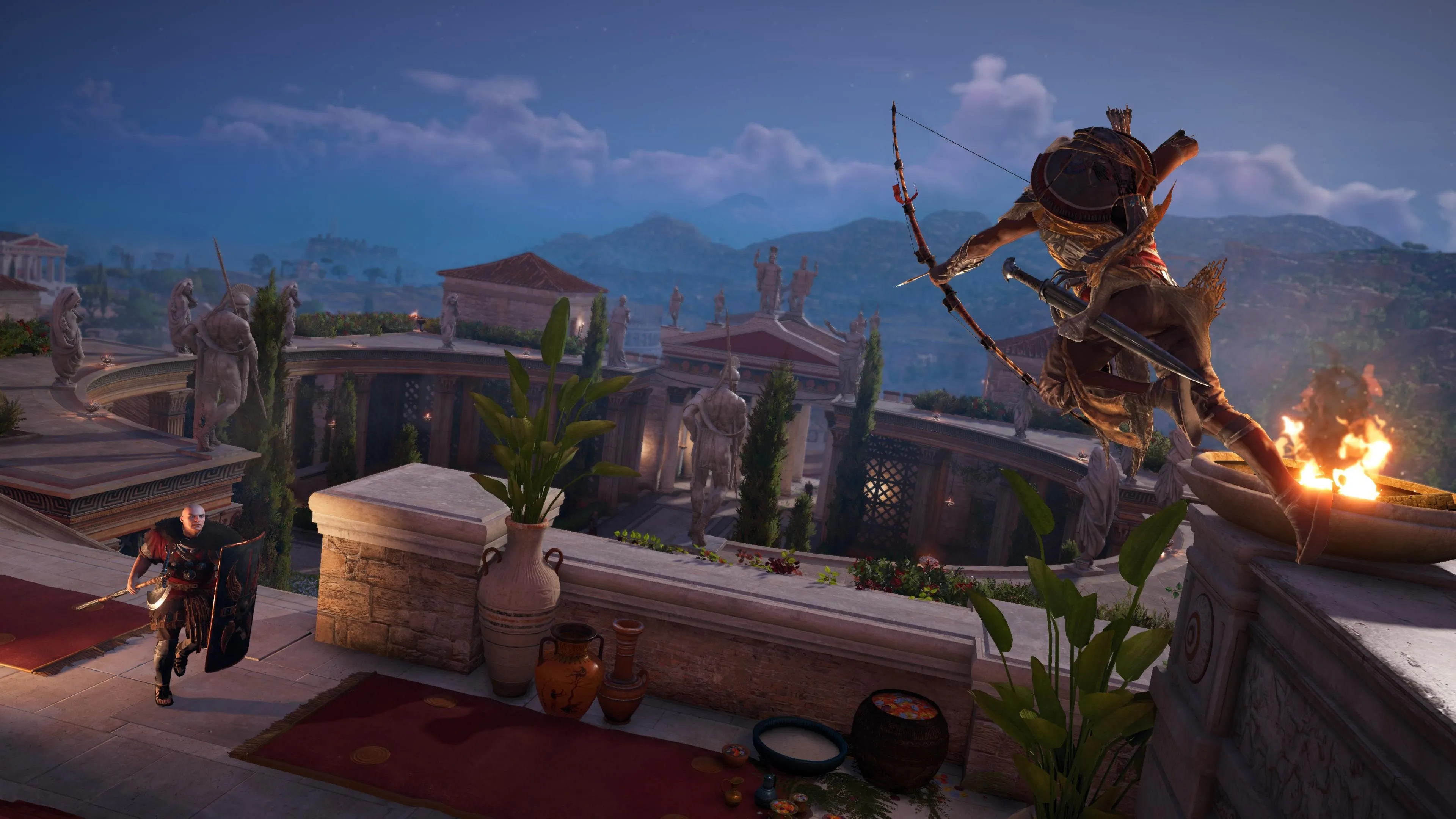 Bayek, nhân vật chính của Assassin's Creed Origins, đang nhảy và bắn cung