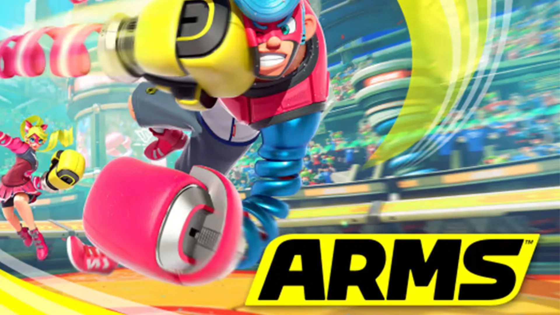 Bìa đĩa game ARMS dành cho Nintendo Switch, thể hiện phong cách đồ họa độc đáo của trò chơi đối kháng.