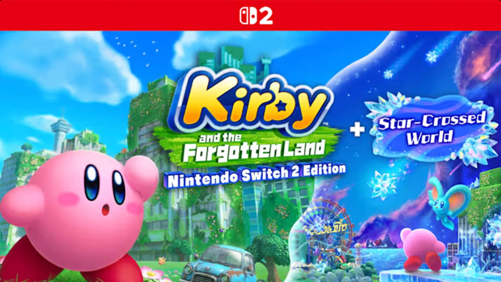 Bìa đĩa game Kirby Forgotten Land Switch 2 Edition, với hình ảnh Kirby trong một thế giới hậu tận thế, hứa hẹn những cải tiến đồ họa.