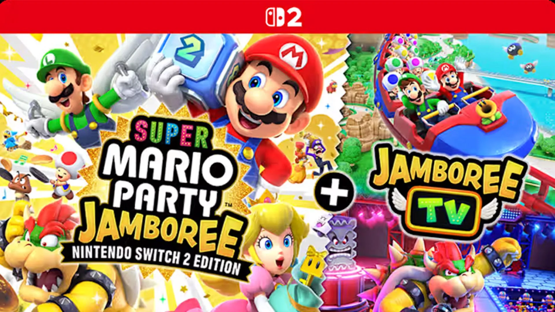 Bìa đĩa game Mario Party Jamboree Switch 2 Edition, hiển thị các nhân vật Mario trong một khung cảnh vui nhộn, tượng trưng cho những tính năng mới.