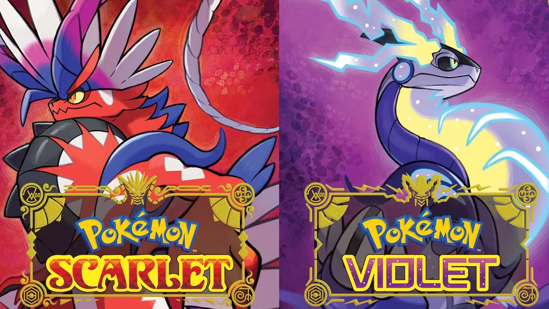 Bìa đĩa game Pokemon Scarlet và Violet, với hình ảnh các Pokémon huyền thoại đặc trưng của từng phiên bản.