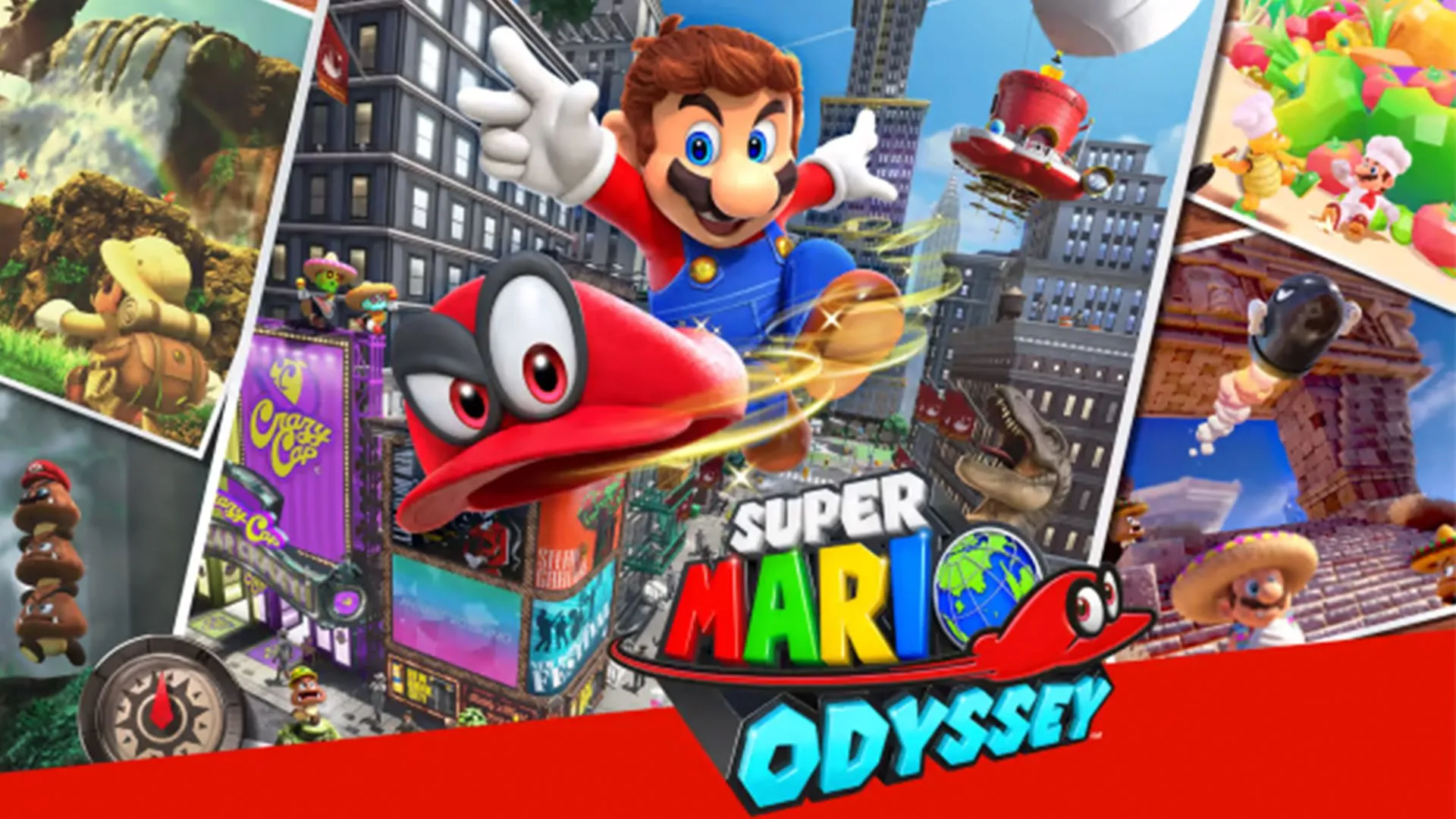 Bìa đĩa game Super Mario Odyssey cho Nintendo Switch 1, với hình ảnh Mario và Cappy trong một thế giới đầy màu sắc.