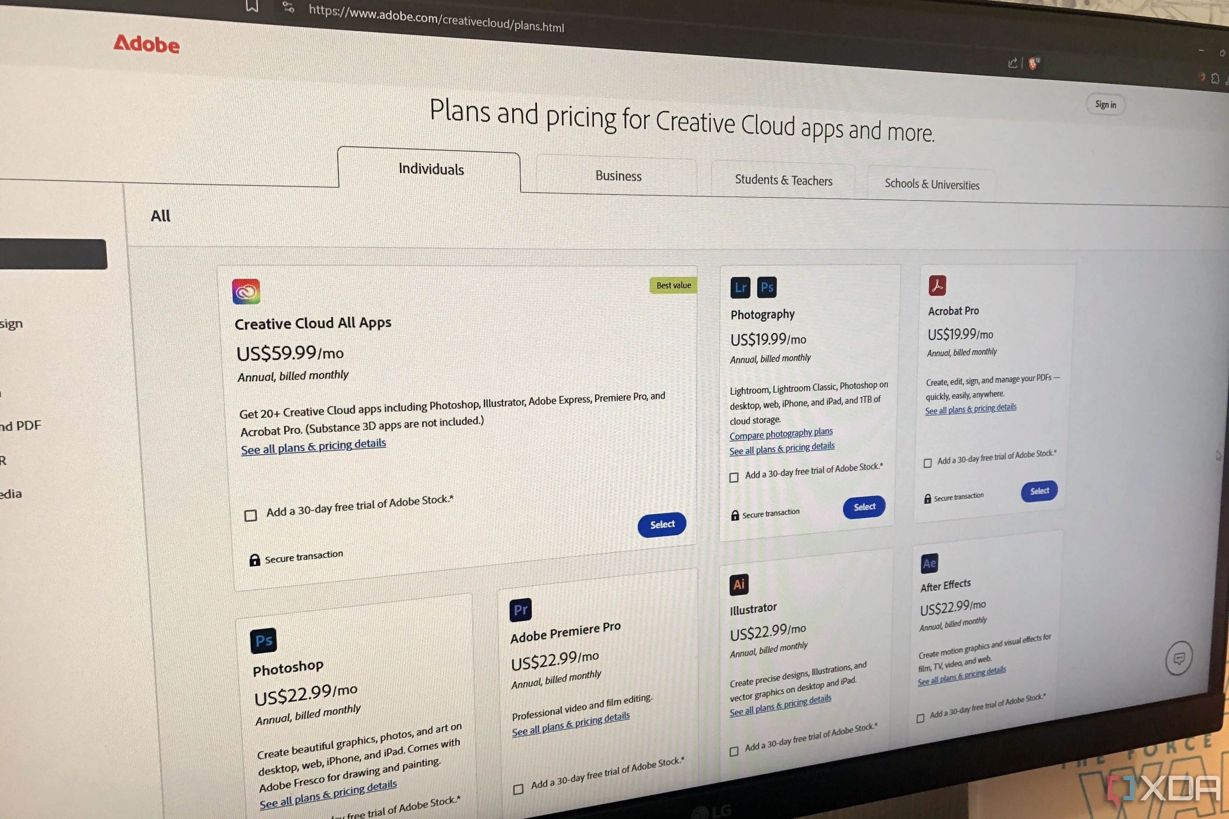 Biểu đồ các gói đăng ký và mức giá của Adobe Creative Cloud, minh họa mô hình thu phí của hãng.