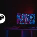 Biểu tượng Steam màu trắng trên nền máy tính chơi game màn hình cong