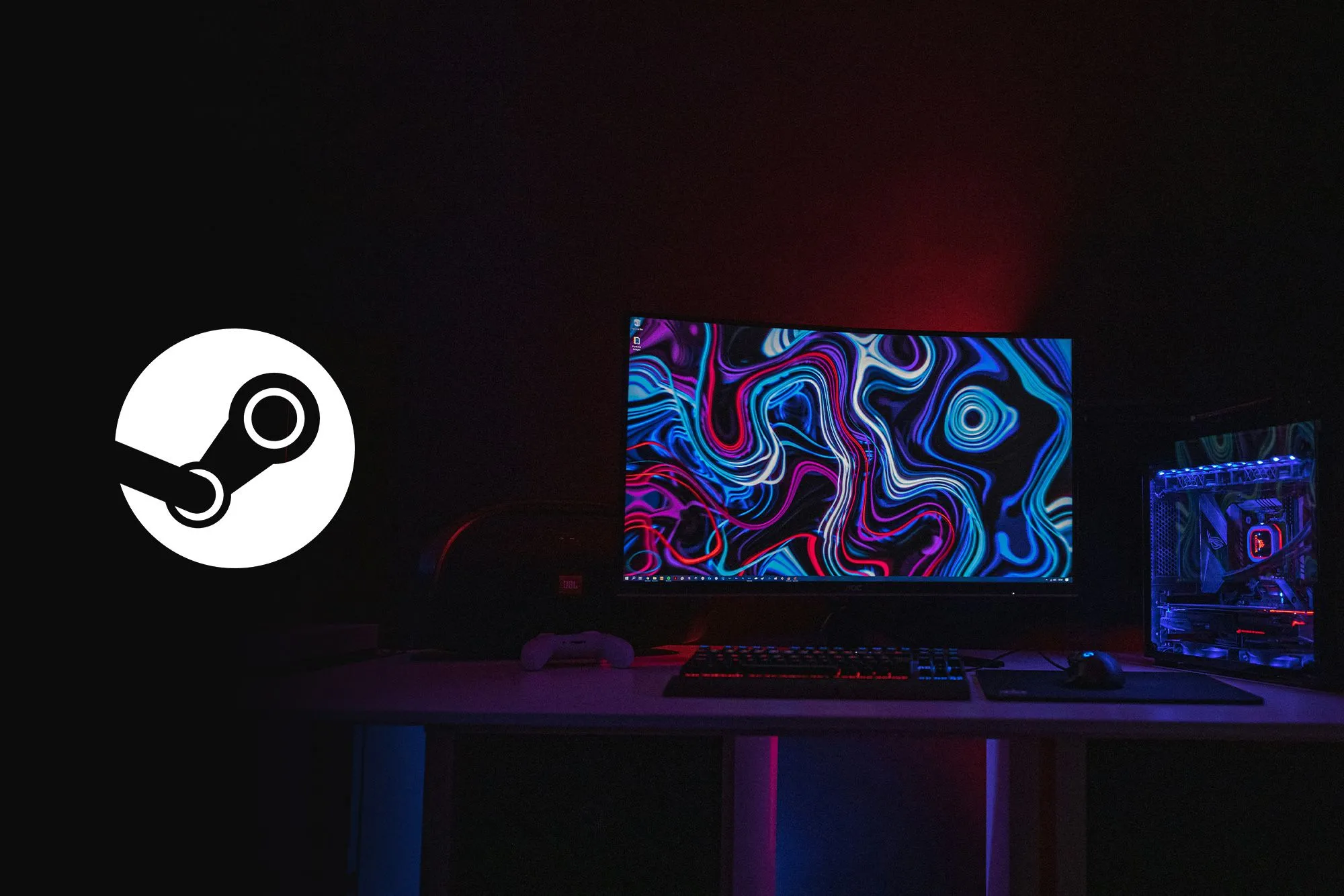 Biểu tượng Steam màu trắng trên nền máy tính chơi game màn hình cong