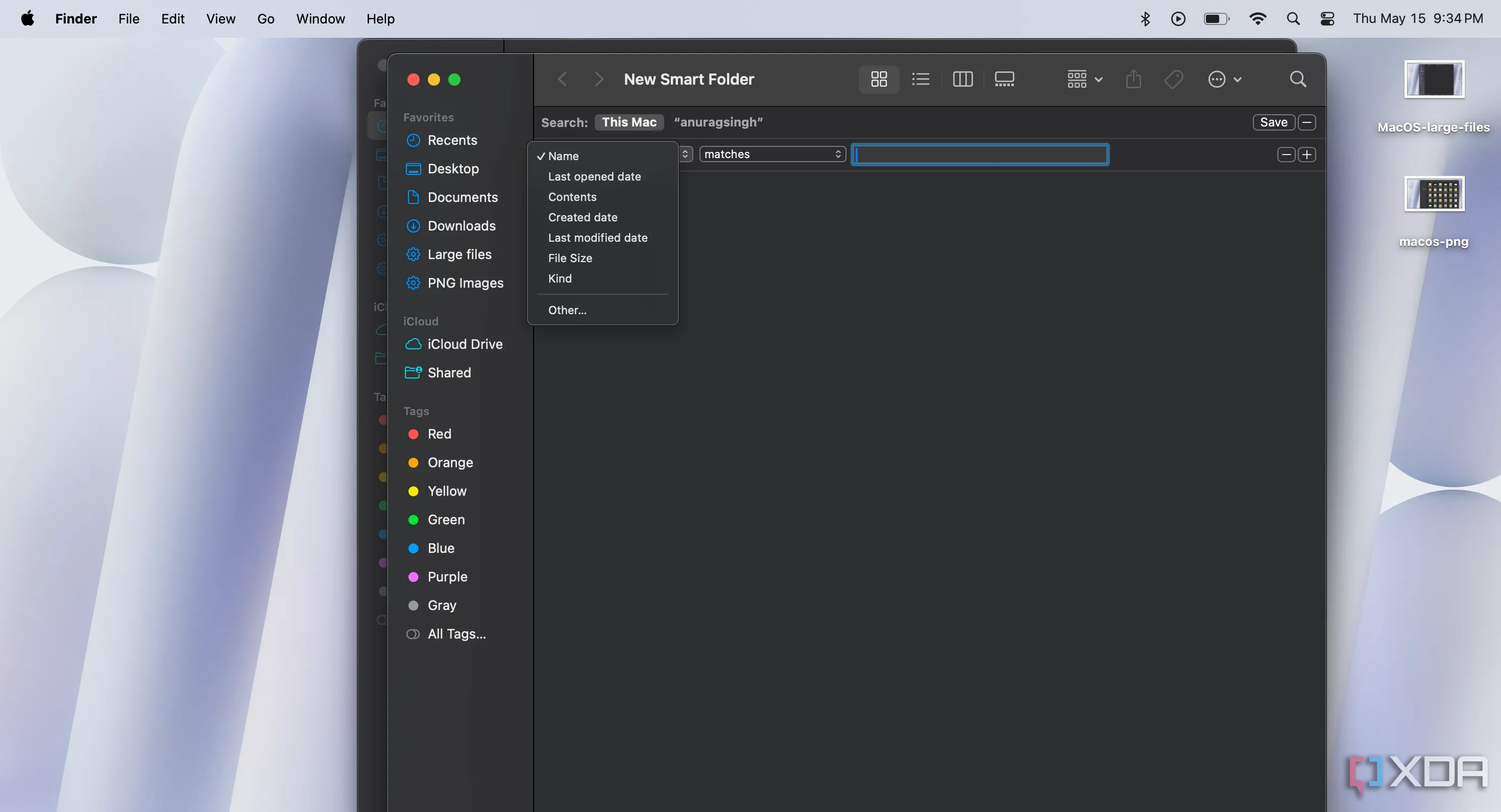Các bước tạo thư mục thông minh (Smart Folder) mới trong Finder của macOS, minh họa tùy chọn tìm kiếm và lưu