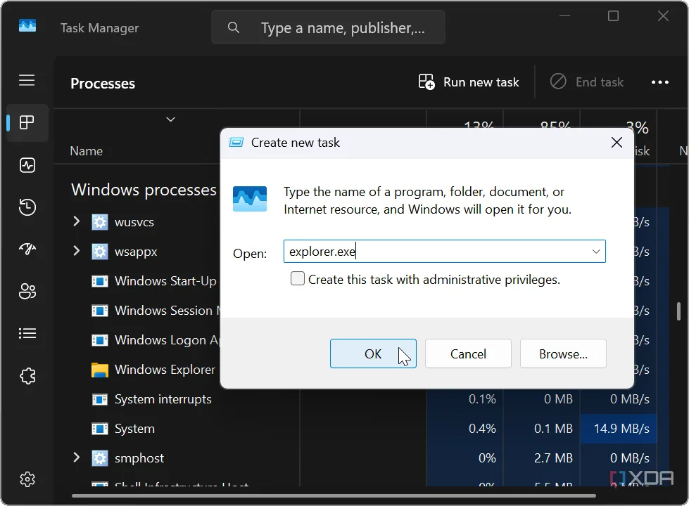 Các bước tắt tiến trình Windows Explorer và chạy lại explorer.exe qua Task Manager