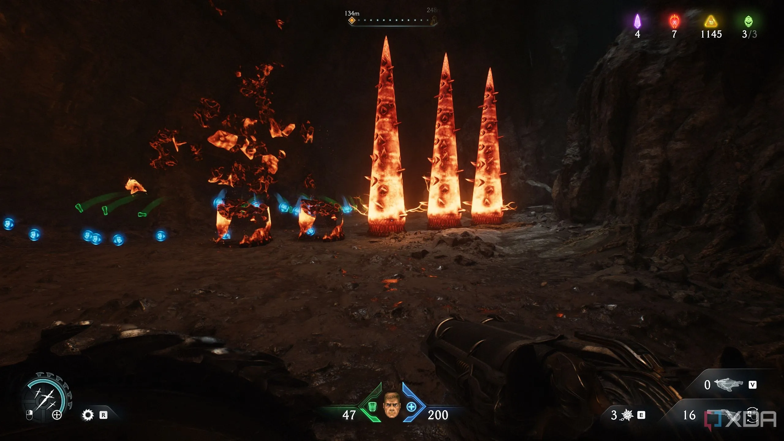 Các gai kim loại đỏ rực trong Chương 20 của Doom: The Dark Ages