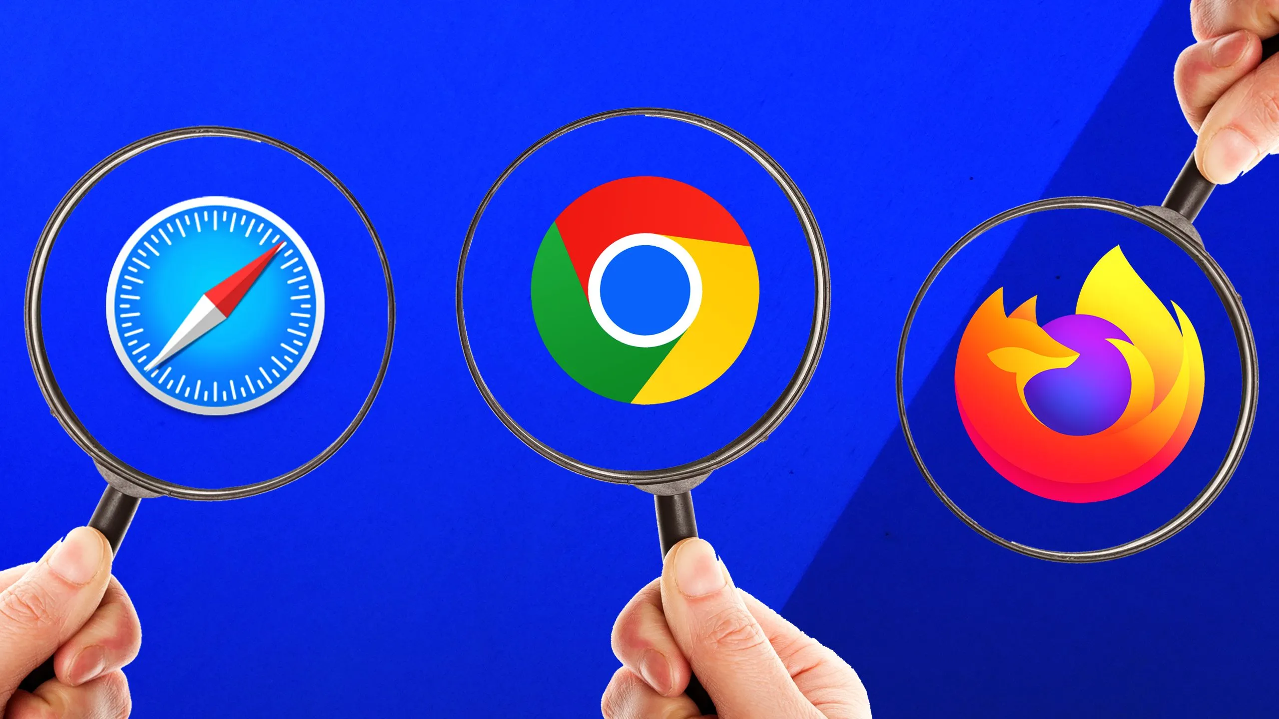 Các logo trình duyệt và kính lúp thể hiện tính năng tìm kiếm riêng tư của Waterfox