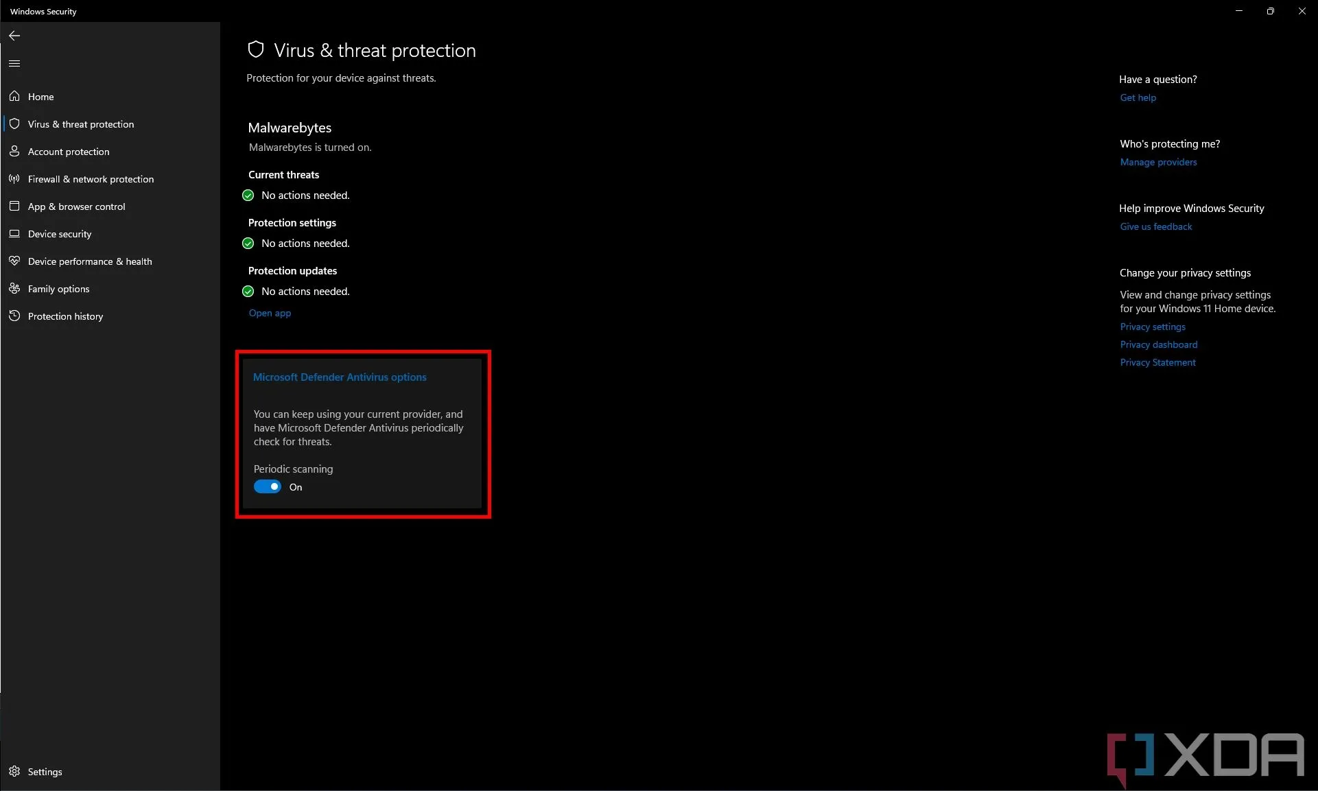 Cài đặt Bảo vệ Virus &amp; Mối đe dọa của Defender khi có antivirus bên thứ ba, tùy chọn quét định kỳ được bật