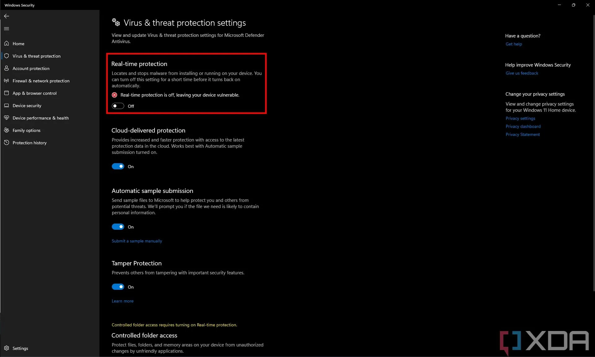 Cài đặt Bảo vệ Virus &amp; Mối đe dọa của Microsoft Defender hiển thị chế độ bảo vệ thời gian thực đã tắt