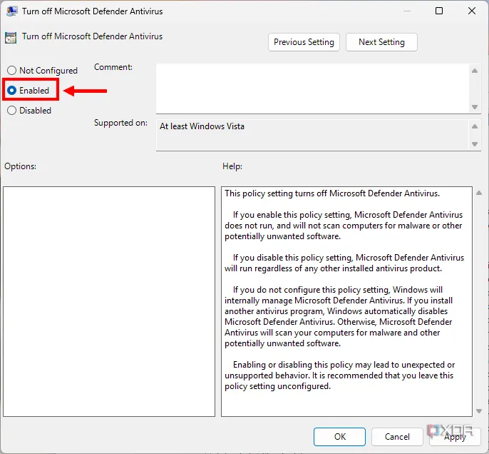 Cài đặt chính sách Group Policy để bật tùy chọn 'Tắt Microsoft Defender Antivirus'
