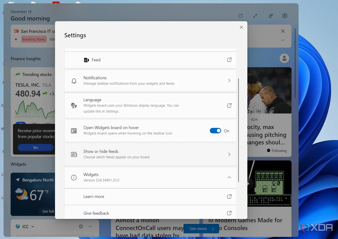 Cài đặt tắt nguồn cấp tin tức Widget Windows 11