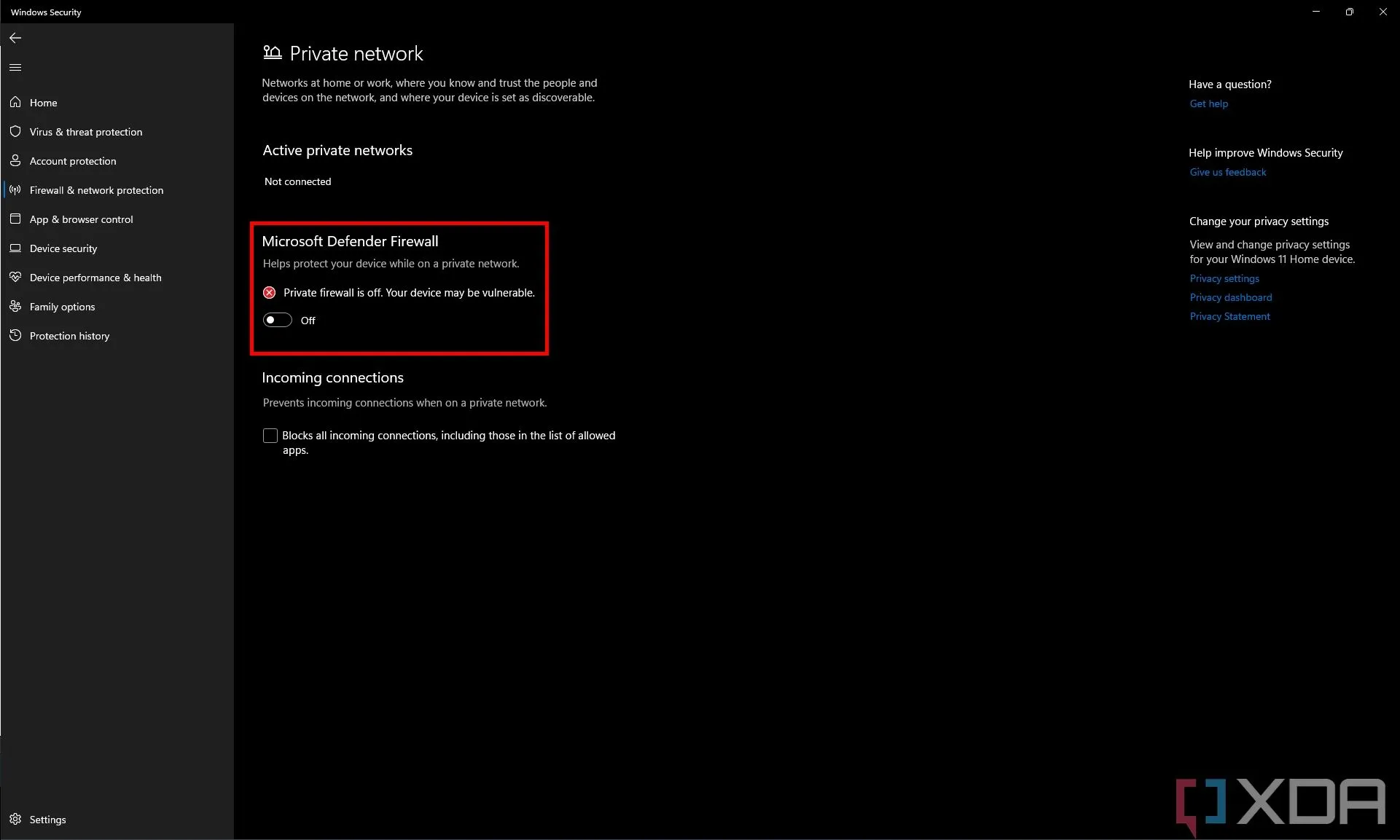 Cài đặt Tường lửa Microsoft Defender cho mạng riêng, hiển thị trạng thái tường lửa đã tắt