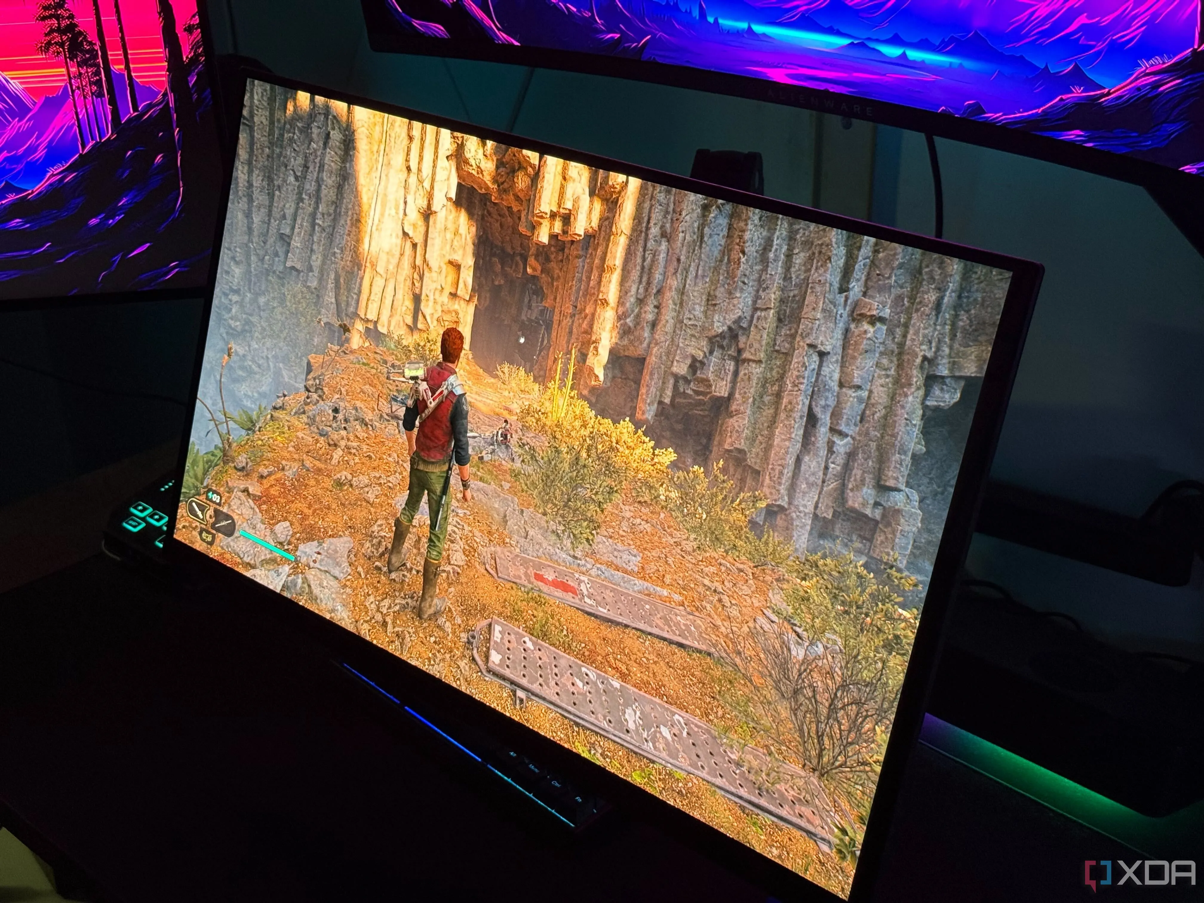 Cảnh game Star Wars Jedi: Survivor hiển thị trên màn hình chơi game OLED, minh họa lỗi hình ảnh DLSS
