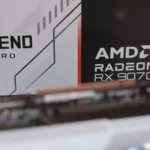 Card đồ họa AMD Radeon RX 9070 XT Steel Legend, đại diện cho công nghệ tạo khung hình đối thủ của Nvidia
