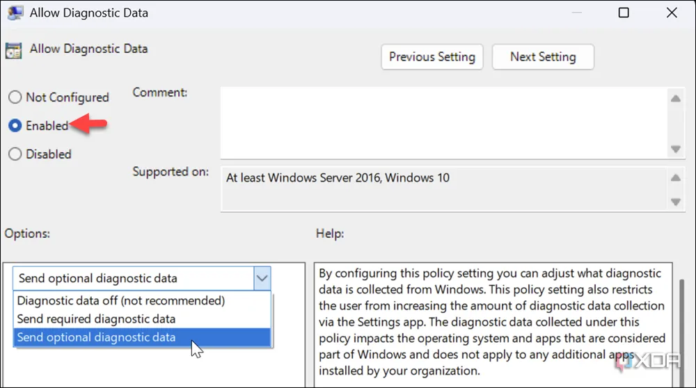 Cấu hình chính sách &quot;Allow Diagnostic Data&quot; trong Group Policy Editor