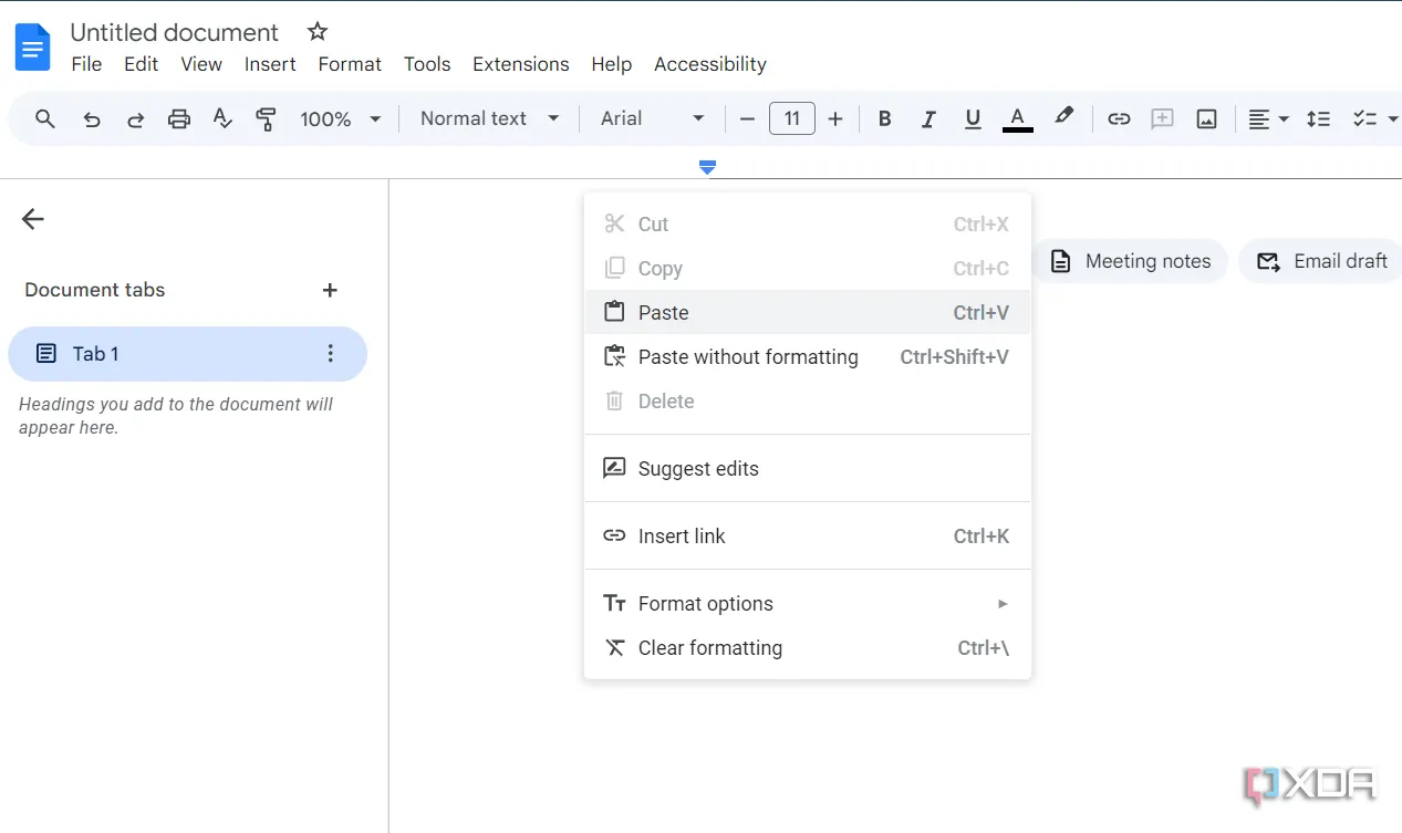 Chức năng dán không định dạng trong Google Docs, minh họa khả năng tương thích Markdown