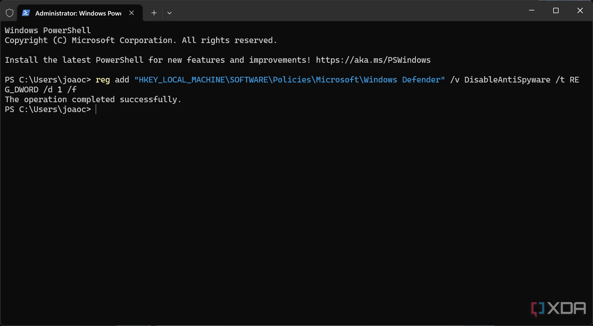 Cửa sổ Windows Terminal với lệnh Command Prompt để vô hiệu hóa Microsoft Defender