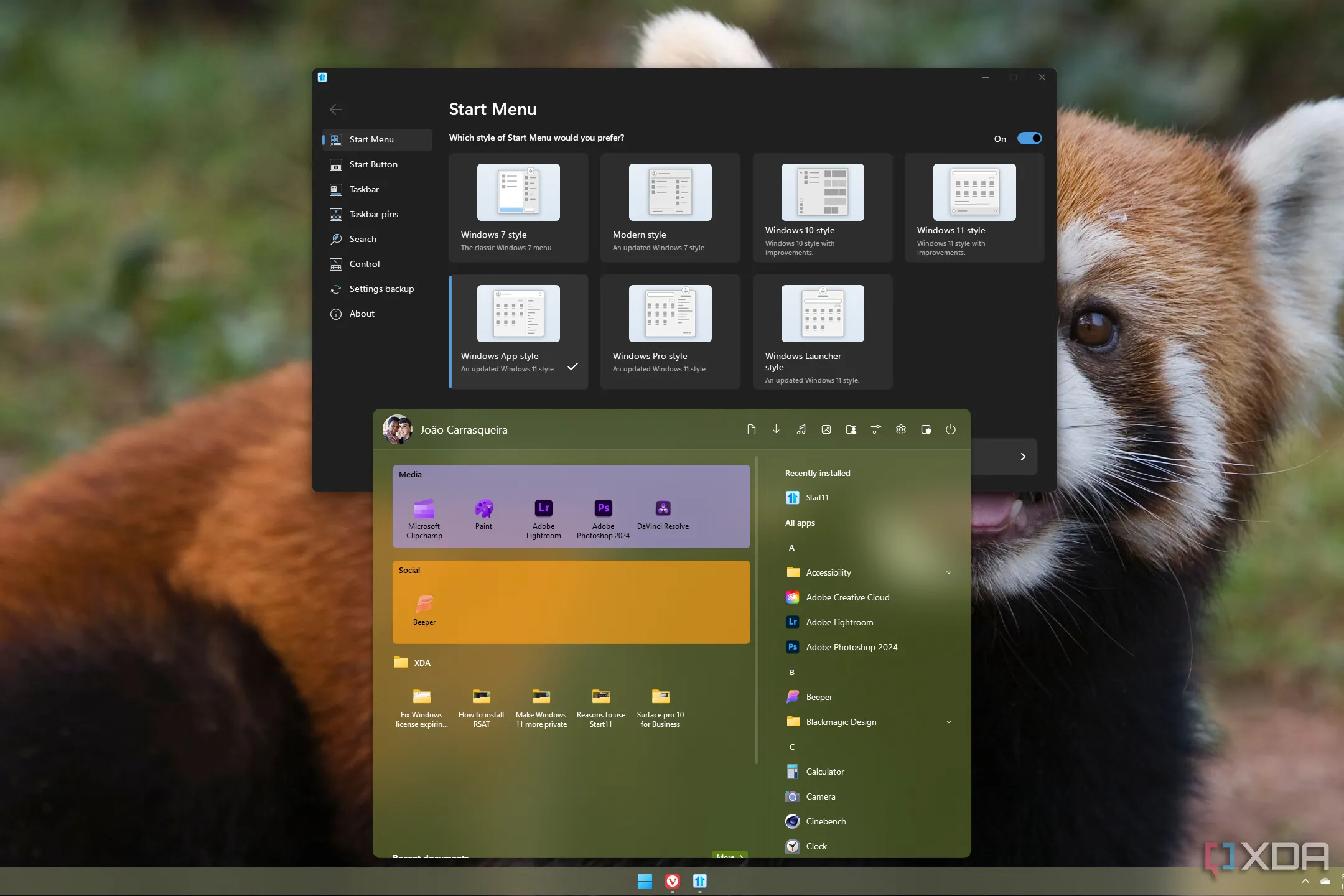 Desktop Windows 11 với Start menu được tùy chỉnh bởi ứng dụng Start11
