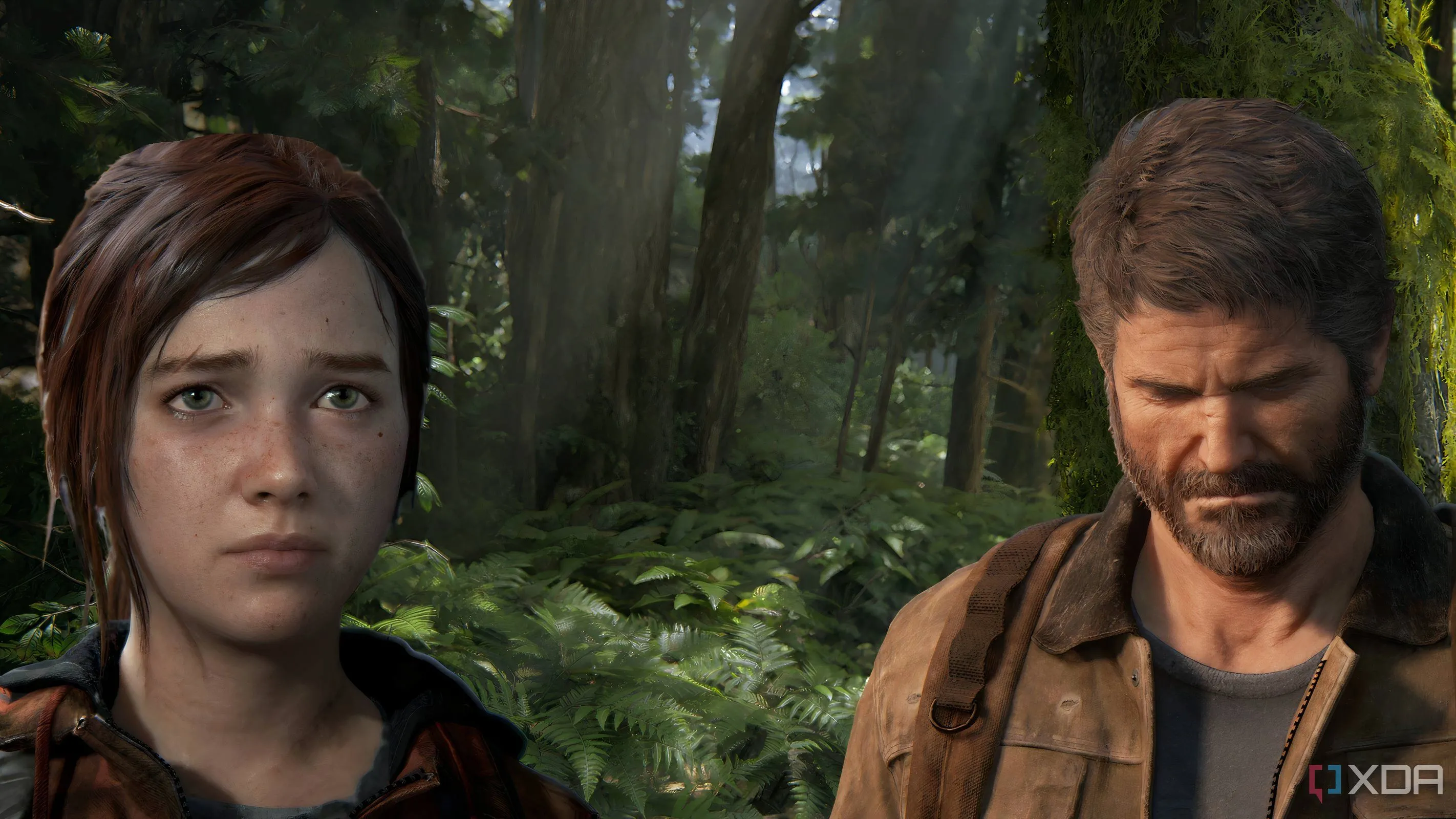 Ellie và Joel, hai nhân vật chính của The Last of Us, đứng trong khung cảnh rừng cây.