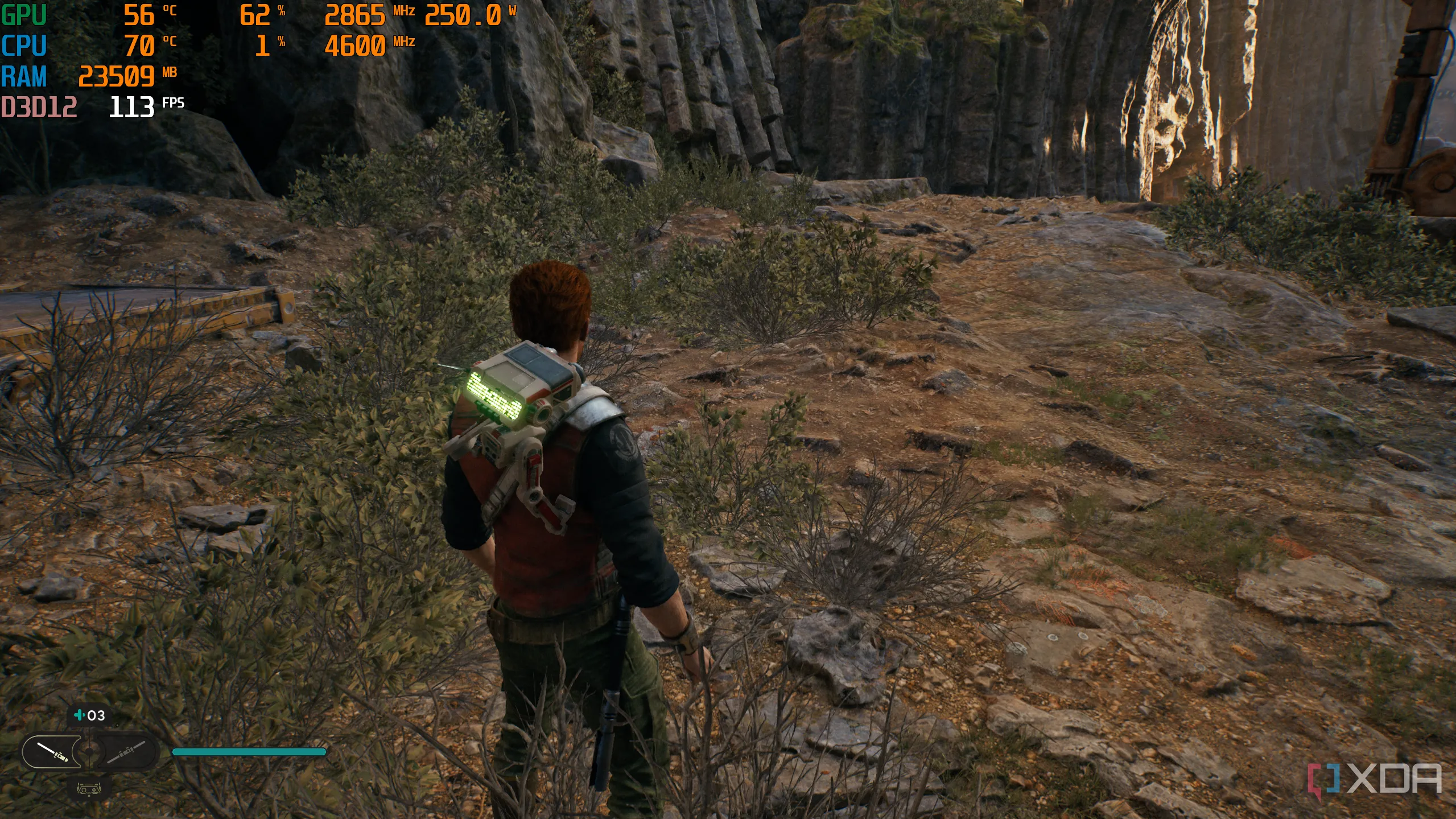 Game Jedi Survivor đang chạy trên PC, với bảng thông số MSI Afterburner hiển thị mức sử dụng GPU và FPS.