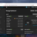 Giao diện bảng điều khiển lưu trữ (Storage Dashboard) trên TrueNAS Scale hiển thị các ổ đĩa và nhóm lưu trữ đang hoạt động, minh họa cách quản lý không gian lưu trữ cho các bản sao lưu Proxmox qua NFS.