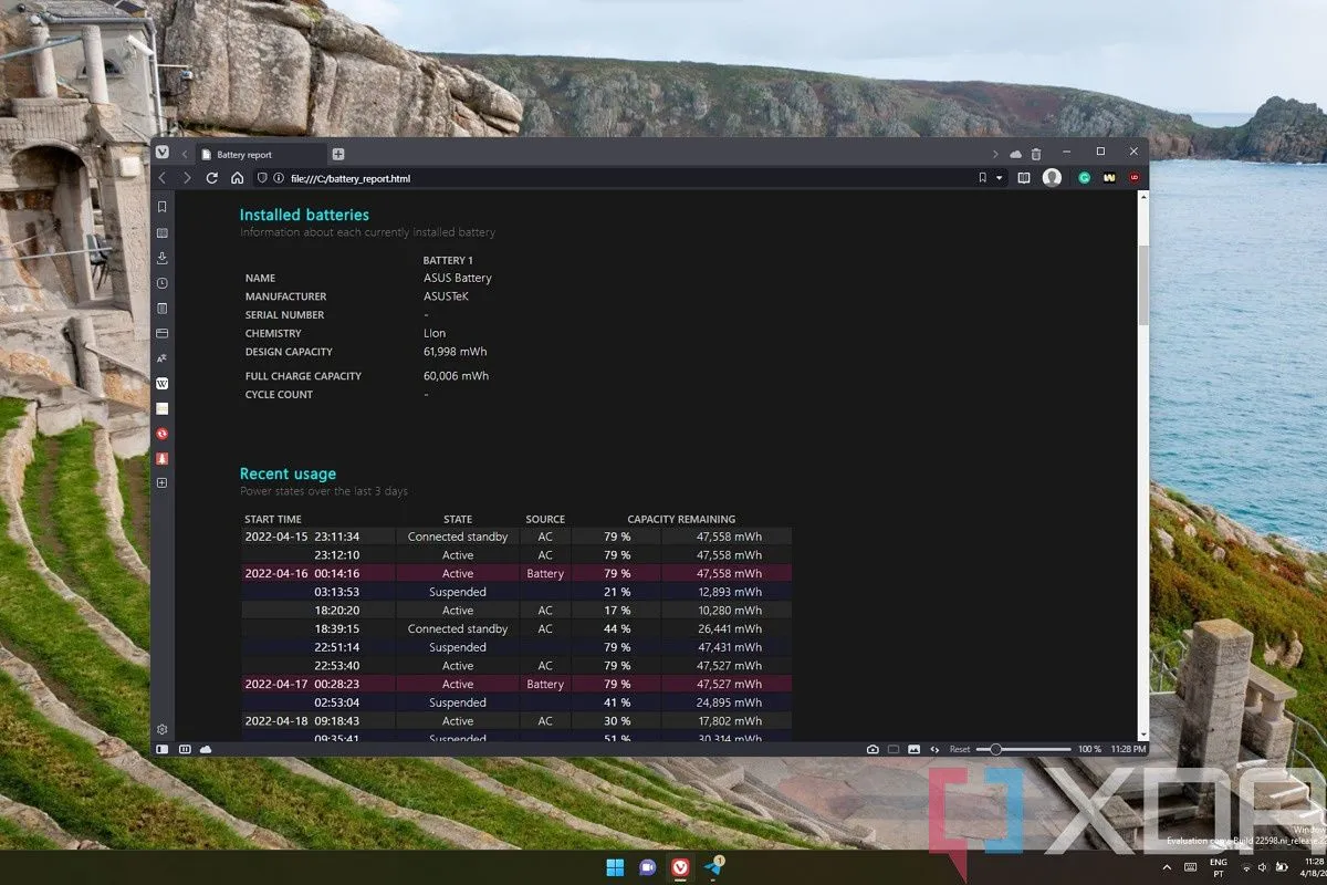 Giao diện báo cáo chi tiết tình trạng pin trên Windows 11