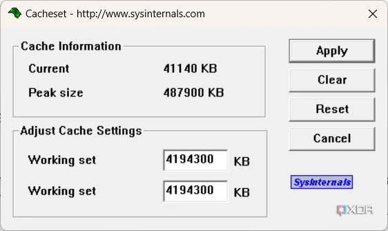 Giao diện chính của công cụ CacheSet từ SysInternals để quản lý bộ nhớ đệm hệ thống