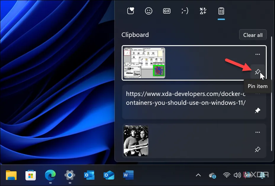 Giao diện Clipboard trên Windows 11 cho phép ghim các mục để lưu vĩnh viễn