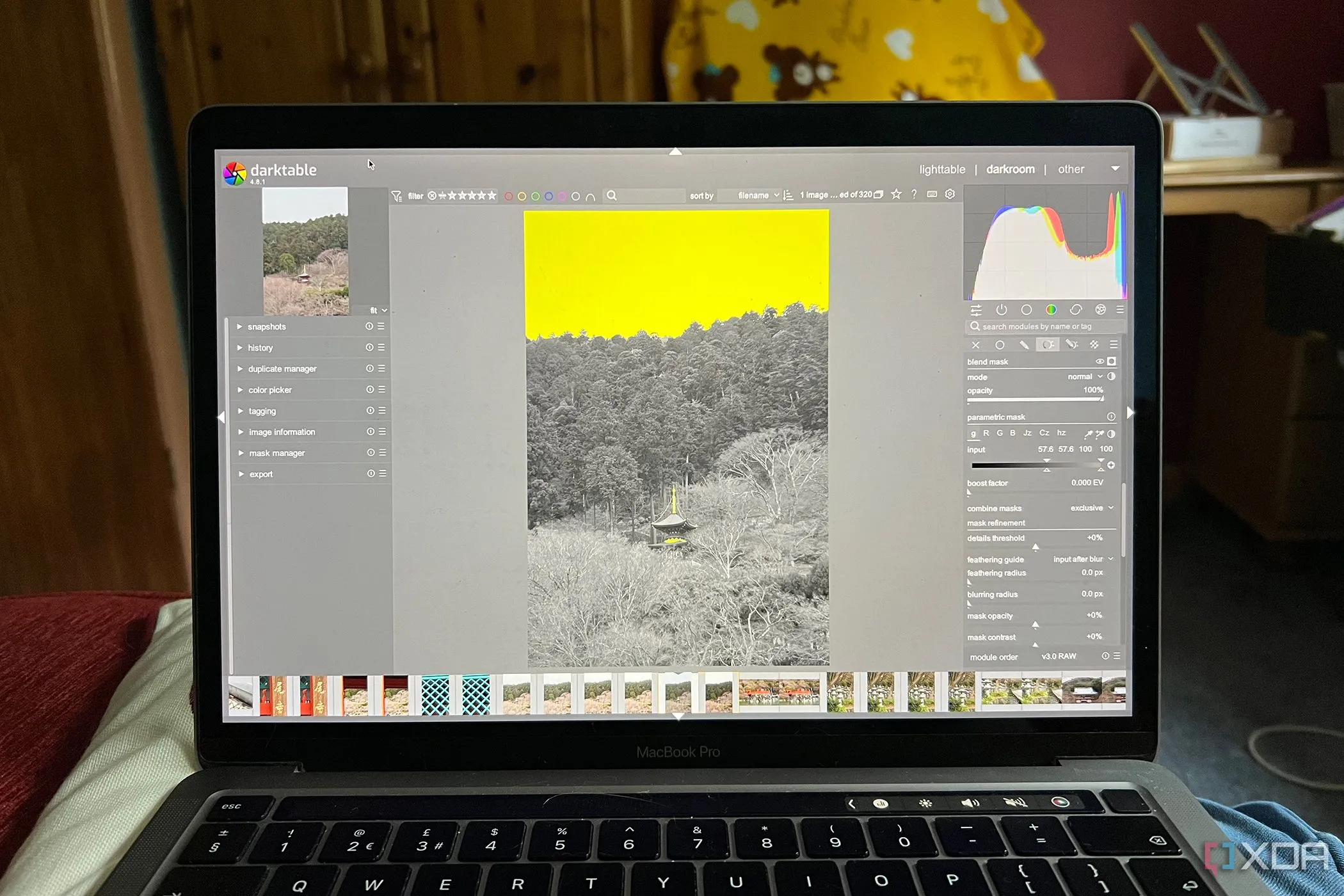 Giao diện Darktable đang sử dụng mặt nạ tham số để khôi phục vùng sáng trên ảnh ngôi đền Nhật Bản